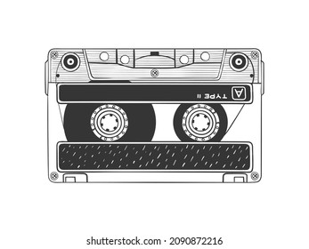 Audio cassette. Textured Compact Cassette. Hand drawn audio cassette. Sketch style. Vector illustration