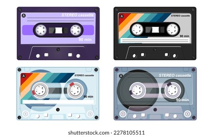 Ilustración vectorial de cinta de audio. Tecnología de los 80. Reproductor de música cassette de los años 90. Casete de estilo retro 90s para ilustración boombox.