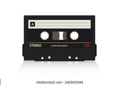 Audio cassette. Vector illustration. Compact Cassette (or tape)  is an analog magnetic recording format for audio recording and playback. Musical retro design. Realistic illustration isolated on white