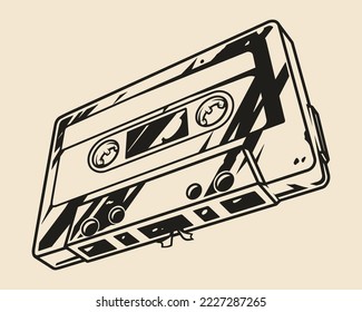 Audio cassette vintage sticker monochrome damaged for recording group music songs and playing on stereo recorder vector illustration