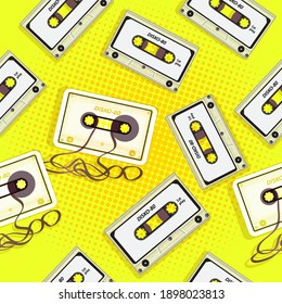 Audio cassettes, 80s, 90s seamless pattern. Fashion 2023.