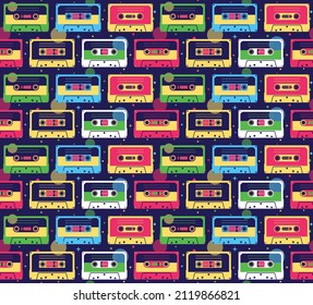 Audio Cassettes. Bright Seamless Pattern In The Style Of The Nineties