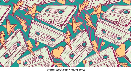 Audio cassettes drawn seamless pattern