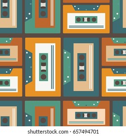 Audio cassettes hand drawn, musical seamless pattern. Colorful background vector with audio cassette, music. Decorative wallpaper, good for printing. Backdrop design, flat style