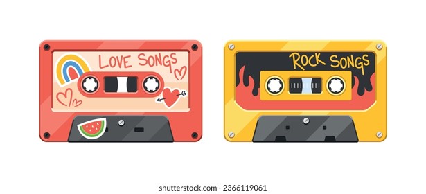 Audio Cassettes With Love And Rock Songs. Portable Music Device, Popular In The Late 20th Century, Vector Illustration