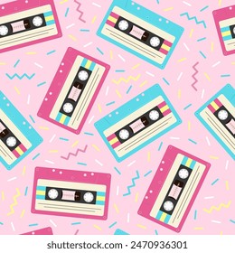 Audio cassettes music seamless retro pattern 90s style