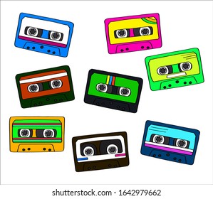 Audio cassettes on a white background. Collection. Vector illustration.