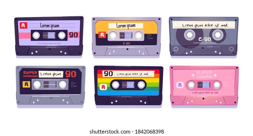 cintas de audio, cintas retro, almacenamiento de medios para música y sonido aislados en fondo blanco. Dispositivos de hipster analógico de estilo vintage, mezclas de cultivo de las edades de ochenta años. Ilustración vectorial de dibujos animados, conjunto