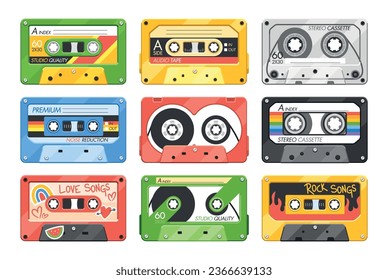 Audio Cassettes, Retro Tapes, Media Storage For Music And Sound Isolated On White Background, Illustration, Set