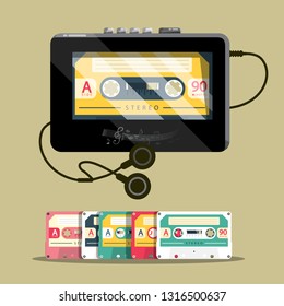 Audio Cassettess mit Walkman. Retro Music Player Vektorillustration Design.