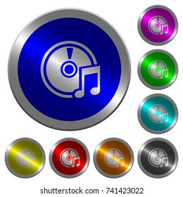 Audio CD icons on round luminous coin-like color steel buttons