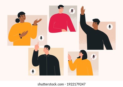 Audio chat concept. Group of people talking and listening in an online audio or video social network. Voice call app, internet conference, webinar, team meeting. Isolated flat vector illustration 