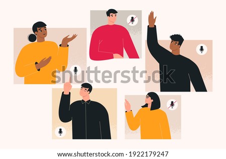 Audio chat concept. Group of people talking and listening in an online audio or video social network. Voice call app, internet conference, webinar, team meeting. Isolated flat vector illustration 