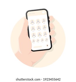 Audio chat. Social network avatars. Hand holding mobile phone with audio chat social network application. Chatting with friends. Vector illustration.