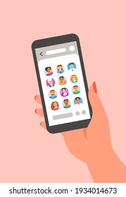 Audio chat social network interface concept. Flat vector illustration. Female hand holding smartphone with trendy mobile app for web communication. Men and women avatars in clubhouse voice chat room 