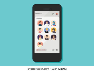 Audio chat with voice mesages application on smartphone. Clubhouse app. Member's avatars. Vector illustration