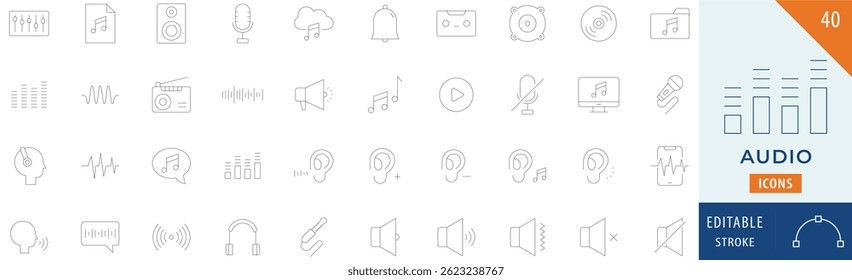 Audio Collection icon set. Containing Broadcast, podcast, microphone, radio, webcast, channel, video, headphones, news, 
and more. Editable stroke. Vector illustration.