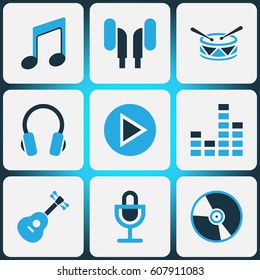 Audio Colored Icons Set. Collection Of Guitar, Mixer, Play And Other Elements. Also Includes Symbols Such As Music, Controlling, Headphone.