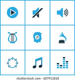 Audio Colored Icons Set. Collection Of Gramophone, Tambourine, Play And Other Elements. Also Includes Symbols Such As Meloman, Equalizer, Music.