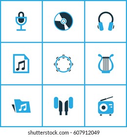 Audio Colored Icons Set. Collection Of Headset, Playlist, Microphone And Other Elements. Also Includes Symbols Such As Earmuff, Playlist, Cd.