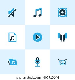 Audio Colored Icons Set. Collection Of Headphone, Speaker, Playlist And Other Elements. Also Includes Symbols Such As Mic, Play, Volume.