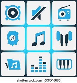 Audio Colored Icons Set. Collection Of Headphone, Piano, Speaker And Other Elements. Also Includes Symbols Such As Dossier, Mixer, Earmuff.