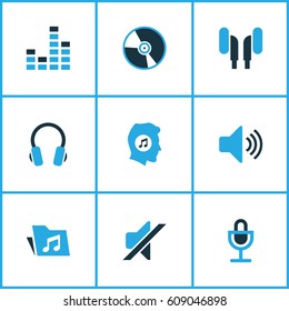 Audio Colored Icons Set. Collection Of Music Lover, Microphone, Mute And Other Elements. Also Includes Symbols Such As Earphone, Mike, Microphone.
