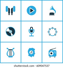 Audio Colored Icons Set. Collection Of Gramophone, Harp, Vinyl And Other Elements. Also Includes Symbols Such As Harp, Tambourine, Earmuff.