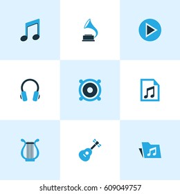 Audio Colored Icons Set. Collection Of Guitar, Headset, Play And Other Elements. Also Includes Symbols Such As Play, Megaphone, File.