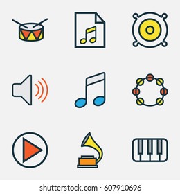 Audio Colored Outlines Set. Collection Of Play, Barrel, Sound And Other Elements. Also Includes Symbols Such As Bit, Notes, Phonograph.