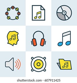 Audio Colored Outlines Set. Collection Of Sound, Earphones, Tambourine And Other Elements. Also Includes Symbols Such As List, Level, Notes.