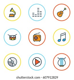 Audio Colored Outlines Set. Collection Of Circle, Mixer, Strings And Other Elements. Also Includes Symbols Such As Music, Equalizer, Instrument.