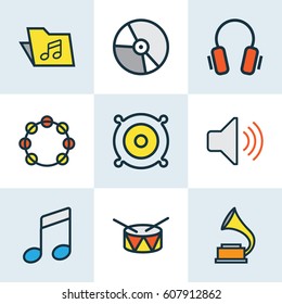 Audio Colored Outlines Set. Collection Of Barrel, Circle, Template And Other Elements. Also Includes Symbols Such As Loudspeakers, Package, Gadget.