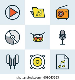 Audio Colored Outlines Set. Collection Of Loudspeakers, Amplifier, Circle And Other Elements. Also Includes Symbols Such As Play, Amplifier, Package.