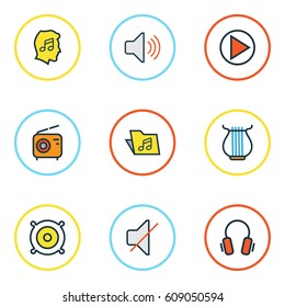 Audio Colored Outlines Set. Collection Of Play, Mute, Loudspeakers And Other Elements. Also Includes Symbols Such As Lover, Strings, Cover.