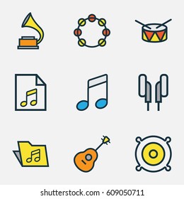 Audio Colored Outlines Set. Collection Of Strings, Sound, List And Other Elements. Also Includes Symbols Such As Tambourine, Soundtrack, Earphones.