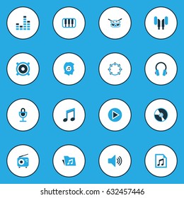Audio Colorful Icons Set. Collection Of Vinyl, Drum, Speaker And Other Elements. Also Includes Symbols Such As Turntable, Tuner, Earmuff.
