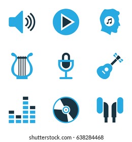 Audio Colorful Icons Set. Collection Of Mixer, Guitar, Volume And Other Elements. Also Includes Symbols Such As Music, Earphone, Meloman.