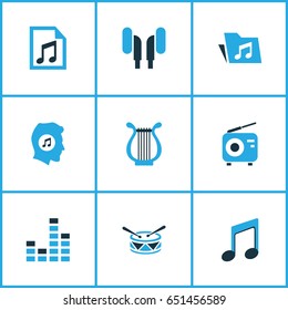 Audio Colorful Icons Set. Collection Of Playlist, Harp, Note And Other Elements. Also Includes Symbols Such As Radio, Earphone, Harp.