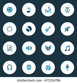 Audio Colorful Icons Set. Collection Of Harp, Mixer, Volume And Other Elements. Also Includes Symbols Such As File, Antique, Earphone.