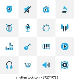 Audio Colorful Icons Set. Collection Of Headphone, Drum, Piano And Other Elements. Also Includes Symbols Such As Earphone, Sound, Speaker.