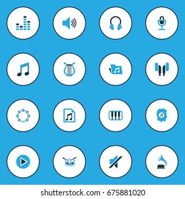 Audio Colorful Icons Set. Collection Of Tambourine, Gramophone, Music Lover And Other Elements. Also Includes Symbols Such As Instrument, Note, Piano.