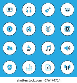 Audio Colorful Icons Set. Collection Of Play, Volume, Piano And Other Elements. Also Includes Symbols Such As Guitar, Antique, Equalizer.