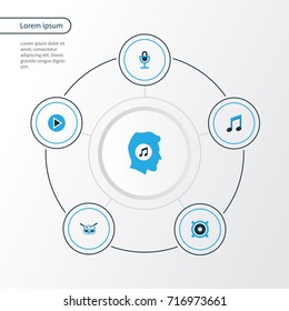Audio Colorful Icons Set. Collection Of Note, Microphone, Drum And Other Elements. Also Includes Symbols Such As Note, Megaphone, Lover.