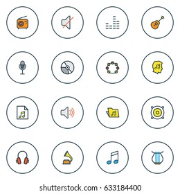 Audio Colorful Outline Icons Set. Collection Of Tambourine, Harp, Strings And Other Elements. Also Includes Symbols Such As Timbrel, Circle, Earphones.
