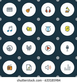 Audio Colorful Outline Icons Set. Collection Of Keys, Gramophone, Lover And Other Elements. Also Includes Symbols Such As Start, Amplifier, Microphone.