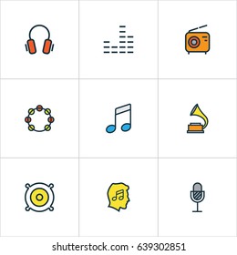 Audio Colorful Outline Icons Set. Collection Of Set, Amplifier, Tambourine And Other Elements. Also Includes Symbols Such As Fanatic, Tambourine, Gadget.