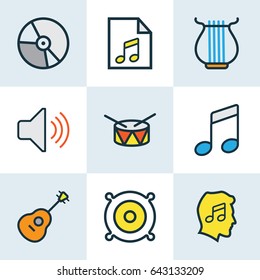 Audio Colorful Outline Icons Set. Collection Of Barrel, Loudspeakers, Volume And Other Elements. Also Includes Symbols Such As Circle, Level, List.