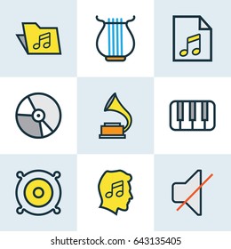 Audio Colorful Outline Icons Set. Collection Of Harp, Circle, List And Other Elements. Also Includes Symbols Such As Soundtrack, Mute, Fanatic.