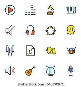 Audio Colorful Outline Icons Set. Collection Of Strings, Volume, Amplifier And Other Elements. Also Includes Symbols Such As Equalizer, List, Volume.